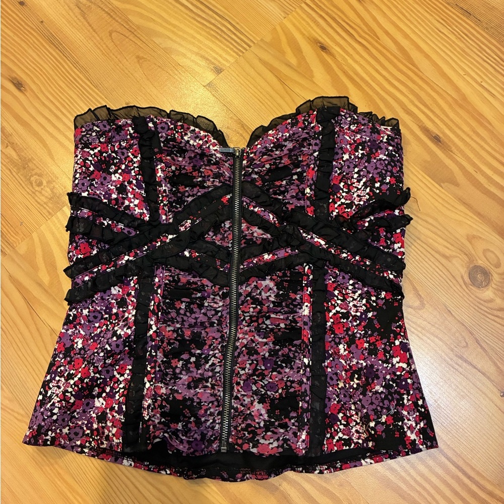 Bebe Y2K Floral Corset Bustier Top Medium Strapless Ruffle Zip Clubwear